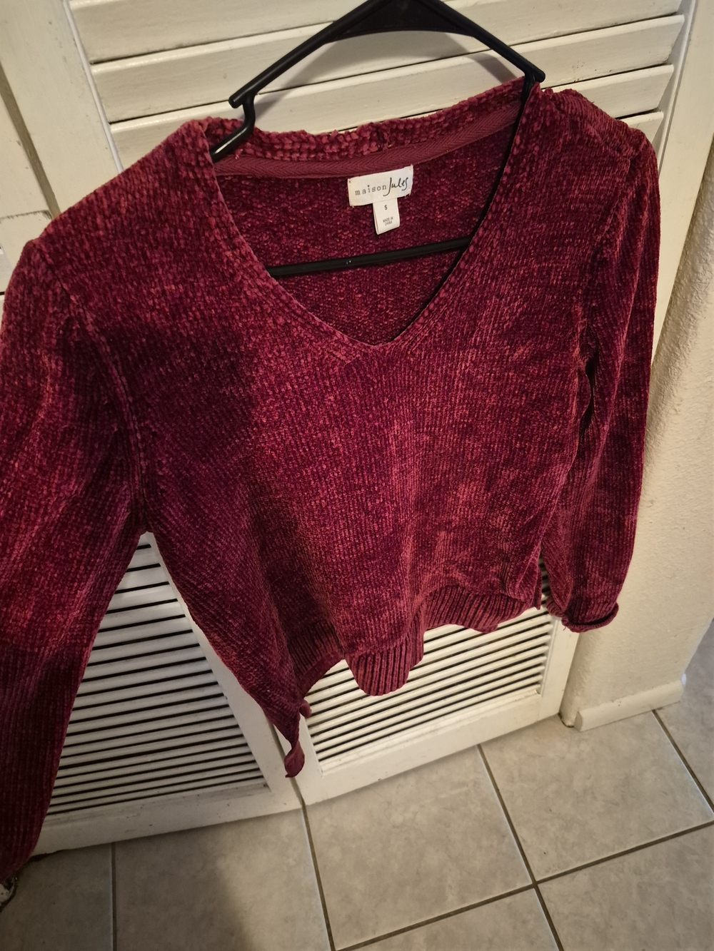 Maison Jules V-Neck Chenille Sweater in Deep Red